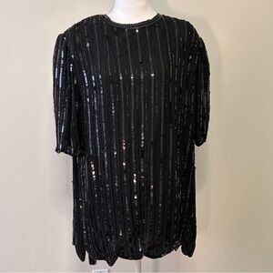 Holt Renfrew Women’s XL Elegant Black Sequin Tunic Top Scalloped Hem Holiday